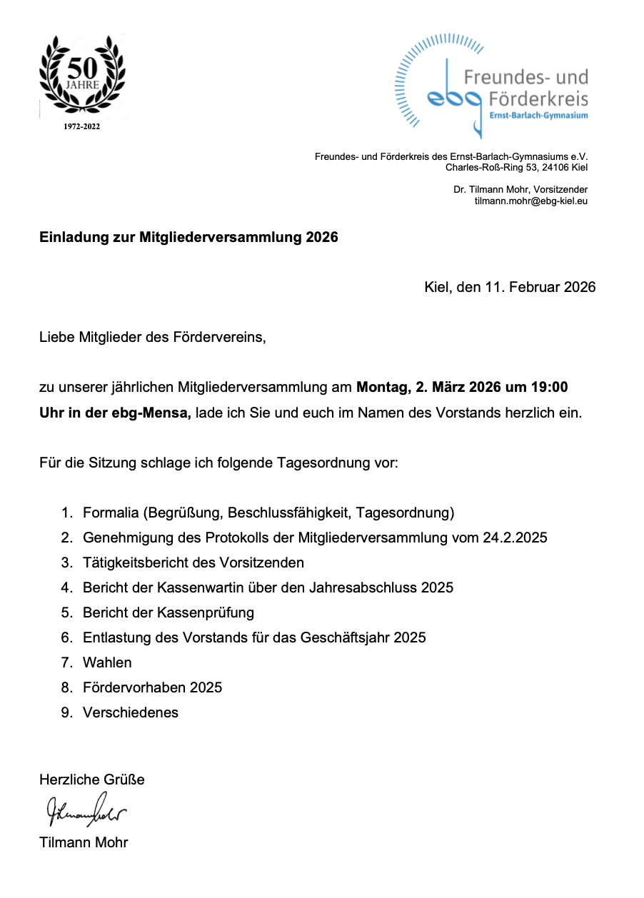 Einladung zur Mitgliederversammlung des Fördervereins am 2. März um 19:00 Uhr in der Mensa